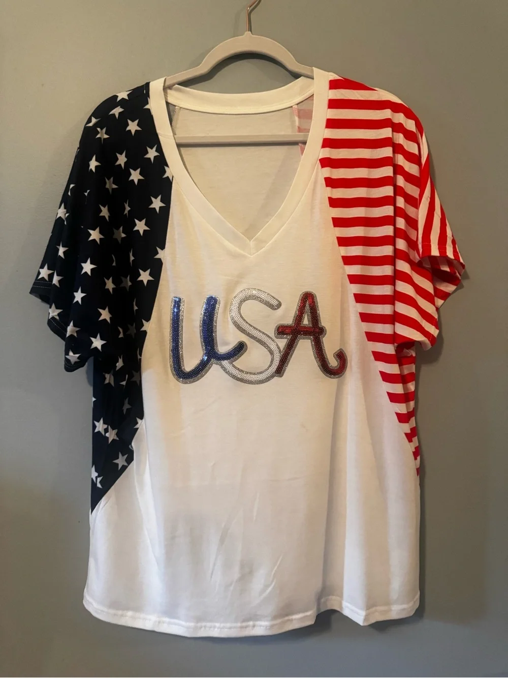 Lilly Flag sleeve White V-Neck Tee with Red & Blue Accents